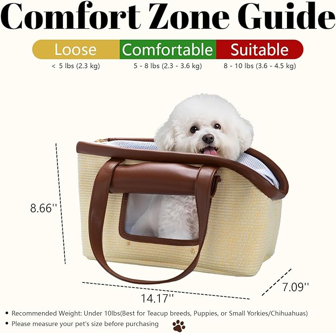 Luxury Dog Purse Carrier for Small Dogs Cats, TSA Airline Approved Puppy Kitten Carrier Soft-Sided Travel Tote Bag Up to 10lbs(14.17'' L x 7.09''W x 8.66''H)