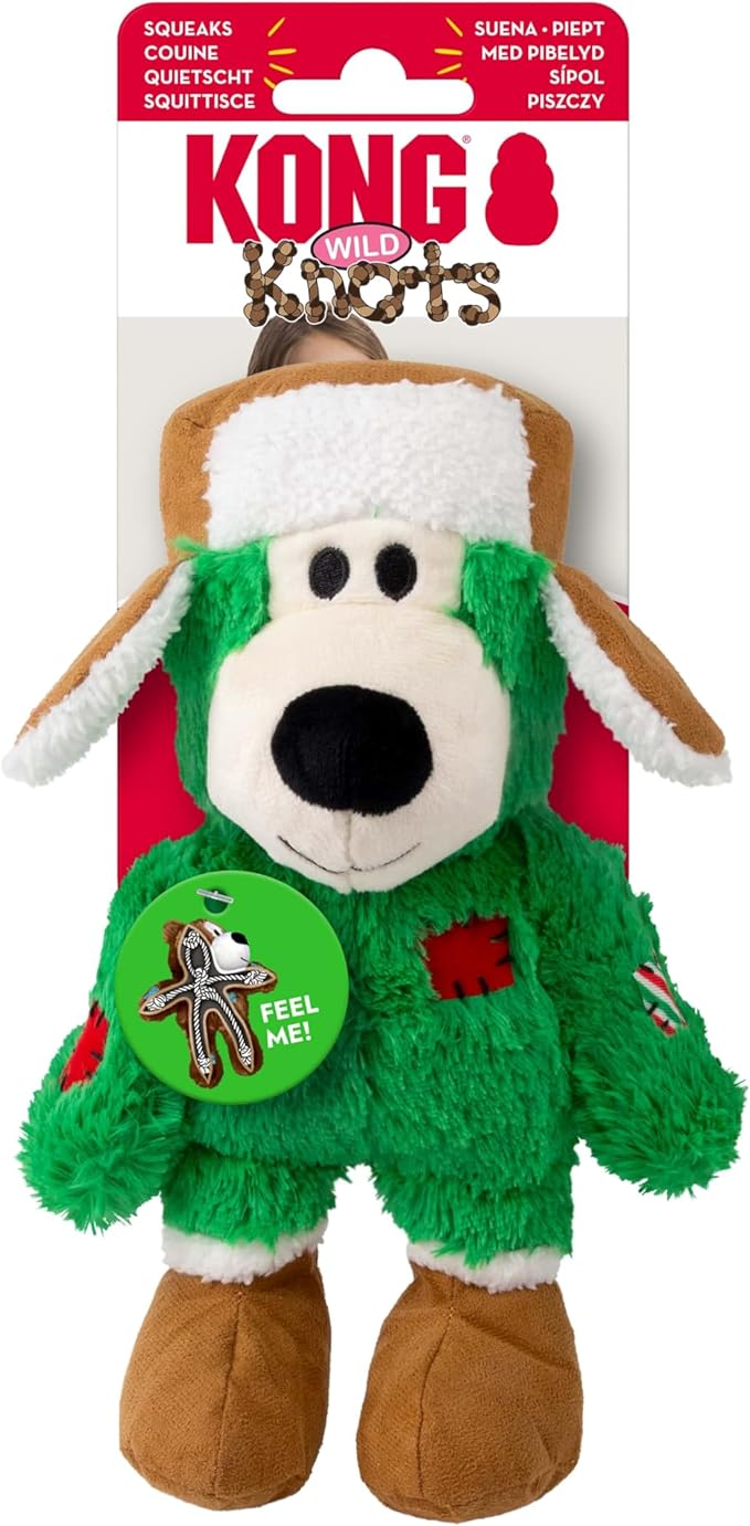 KONG Christmas Holiday Wild Knots Bear Dog Toy – Durable Rope Skeleton, Squeaker for Long-Lasting Play, Less Stuffing for Less Mess, Assorted Colors (1 Pack, Small/Medium)
