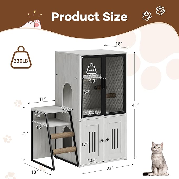 GarveeLife Cat Litter Box Enclosure with Doors, Double Cat House with Storage Space, Enclosed Litter Box Furniture with Ladder, Retro White