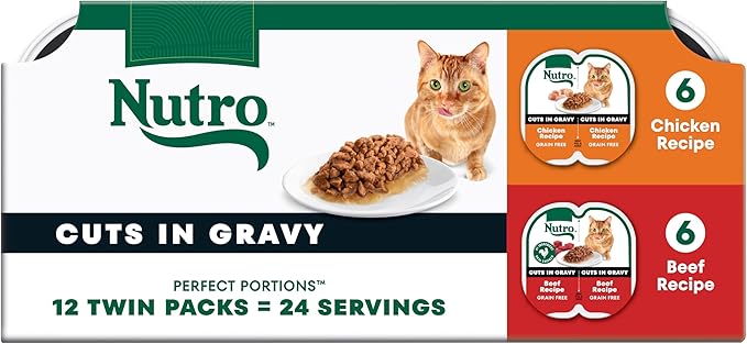 Nutro Perfect Portions Wet Cat Food Cuts in Gravy Multipack, Adult Cat Food Wet Chicken & Beef Recipes, 2.64 oz Twin-Pack Trays (12 Count, Pack of 1)