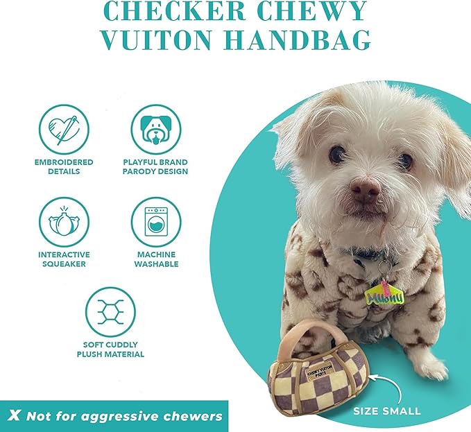 Haute Diggity Dog Chewy Vuiton Handbag Plush Squeaky Dog Toy, Soft Durable Designer-Inspired Stuffed Puppy Chew Toys for Small & Medium Dogs, Machine-Washable (Tan Checker) Small
