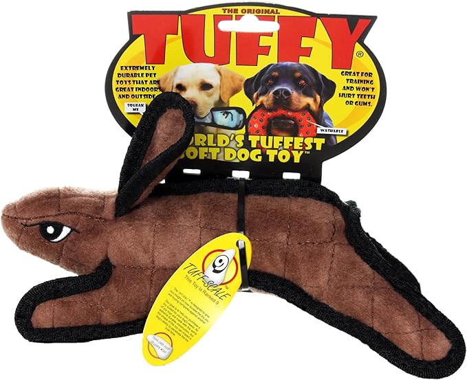 TUFFY - World's Tuffest Soft Dog Toy -Barnyard- Multiple Layers. Made Durable, Strong & Tough. Interactive Play (Tug, Toss & Fetch). Machine Washable & Floats. (Brown Rabbit, Jr)