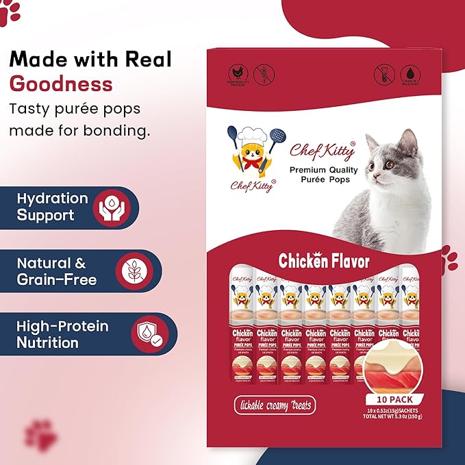 Purée Pops + Blue Feeding Spoon, Grain-Free, Lickable, Squeezable Creamy Cat Treat/Topper, 10 Tubes, Chicken Flavor
