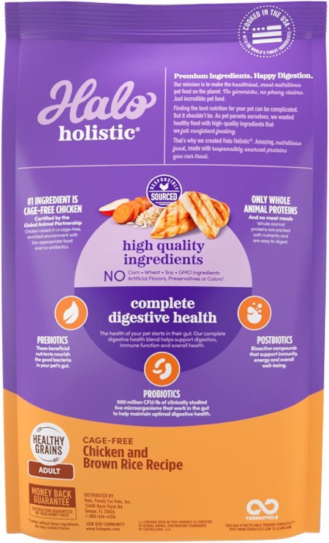 Halo Holistic Dog Food Cage Free Chicken & Brown Rice Formula, Healthy Grains Dry Dog Food, Complete Digestive Health, Kibble for Adult Dogs, 3.5 lb Bag