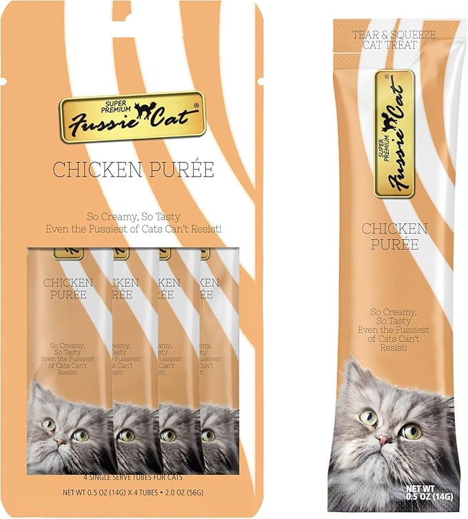 Fussie Cat Premium Puree Lickable Cat Treats in Chicken Puree, 4 Flavors, 4 Packs of 4-0.5oz Tubes (16 Total Tubes) +Spoon