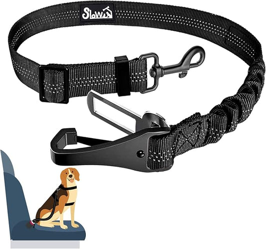 SlowTon Dog Seat Belt for Car, Adjustable 3 in 1 Dog Seatbelt with Elastic Bungee Buffer, Nylon Heavy Duty Dog Car Harness Reflective Safety Tether Leash with Latch Hook Clip Black 35.5"