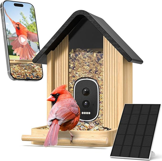 Smart Bird Feeder Camera with Solar Panel (Bamboo), 2.5K UHD AI Identification, Real-time Videos & Pictures, Wireless Solar Powered Outdoor, Ideal Garden Decor & Bird Watcher, Gift for Dad