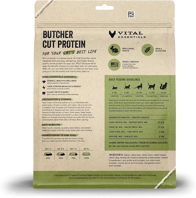 Vital Essentials Freeze Dried Cat Food, Raw Rabbit Mini Patties | Complete Meal or Topper | Easy to Portion and Rehydrate | High Protein, Grain Free Dry Cat Food | 15 oz Bag