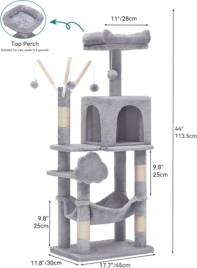 YITAHOME 44in Multi-Level Cat Tree for Indoor Kittens, Cat Furniture with Scratch Posts, Window Padded Plush Perch, Comfortable Hammock, and Interactive Pompoms, Light Gray