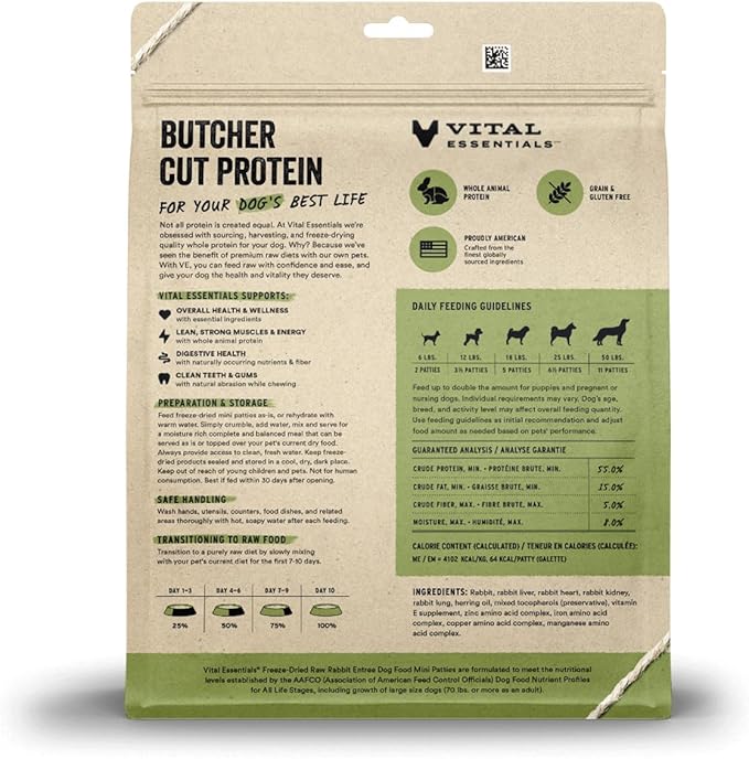 Vital Essentials Freeze Dried Dog Food, Raw Rabbit Mini Patties | Complete Meal or Topper | High Protein, Grain Free Dry Dog Food | 14 oz Bag