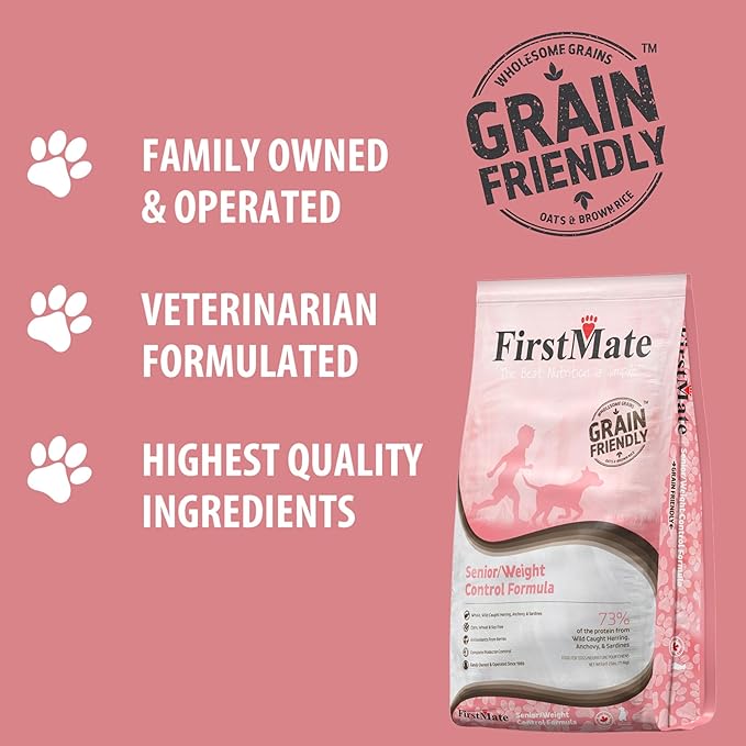 FirstMate Grain Friendly Dog Food Senior/Weight Control Formula – Wild Caught Fish, Low Fat Single Protein Dry Dog Food for Senior Dogs & Weight Management, Pea Free & Potato Free – 25 lb Bag