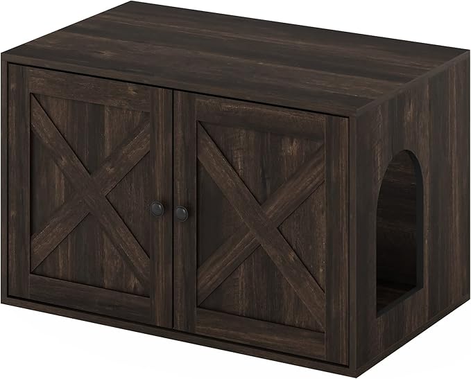 Furinno PELI Cat Litter Box Enclosure, Farmhouse Hidden Litter Box Furniture with Side Entrance, Wooden Pet House with Slatted Door, Easy Assembly, for Living Room, Ebony