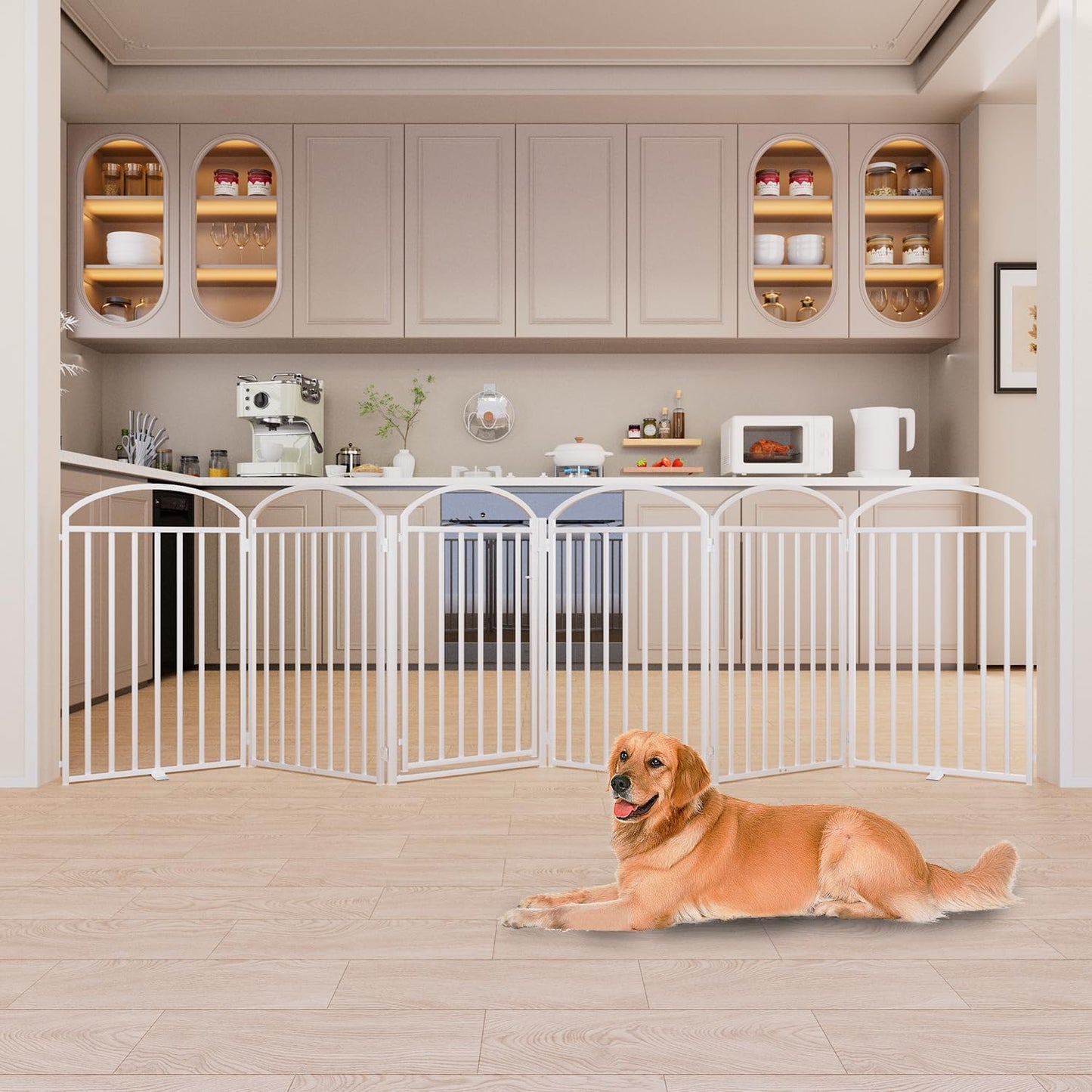 6 Panles Full Matel Freestanding Dog Gates with Door, 144"Extra Wide 36"Tall Free Standing Dog Pet Gate for Indoor & Outdoor. Foldable Pet Fences for Doorways, House, Stairs, Porch, Deck, Yard
