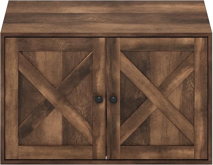Furinno PELI Cat Litter Box Enclosure, Farmhouse Hidden Litter Box Furniture with Side Entrance, Wooden Pet House with 2 Slatted Doors, Easy Assembly, for Living Room, Rustic Brown
