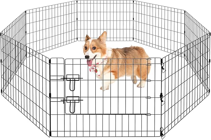 PAWZ Road Dog Playpen Foldable Metal Dog Fence with Door, Outdoor for Yard and Indoor Use Portable Design for RV and Camping- 8 Panels (24" Wide Each), 30 inch Height for Small Dogs Puppy Large Dogs