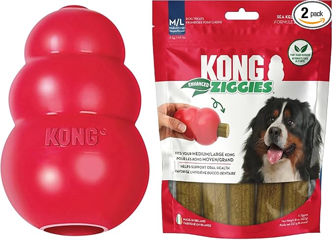 KONG Classic Toy & Enhanced Ziggies Treats Combo Pack - Durable Chew Toy for Dogs - with Enhanced Ziggies Treats - Dog Accessories for Fun & Health - for X-Large Dogs