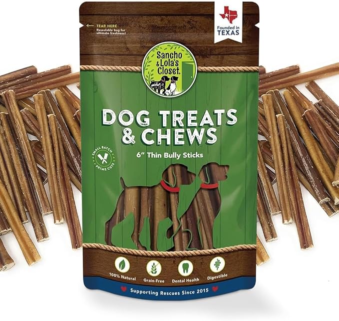 Supreme 6-inch Thin Bully Sticks by Sancho and Lola’s (10 Pack) All-Natural, Long-Lasting Dog Chew Treats - Free-Range, Grass-Fed Beef - Low Odor