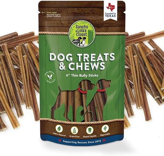 Supreme 6-inch Thin Bully Sticks by Sancho and Lola’s (10 Pack) All-Natural, Long-Lasting Dog Chew Treats - Free-Range, Grass-Fed Beef - Low Odor
