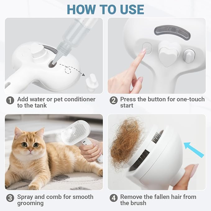 Pjordo Pet Steam Brush for Cat & Dog, 5-in-1 Pet Spray Hair Removal Comb for Reducing Shedding, Grooming Brush for Long Short Haired Cat & Dog, No-Rinse Foaming Cleanser for Cleaning Paw