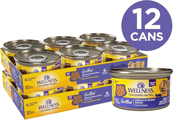 Wellness Complete Health Grilled Adult Canned Wet Cat Food, Natural, Protein Rich, Grain Free, Salmon and Chicken Entrée Recipe, 3 oz, Pack of 12 Cans