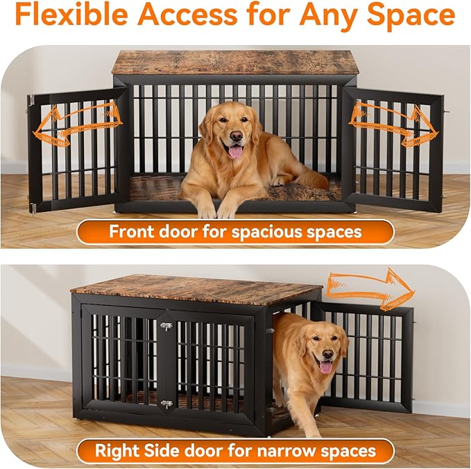 Snuowu 48" Heavy-Duty Dog Crate Furniture for Large Dogs, XXL Wooden Dog Cage Kennel Indoor Furniture, Decorative Pet House End Table, Black & Wood