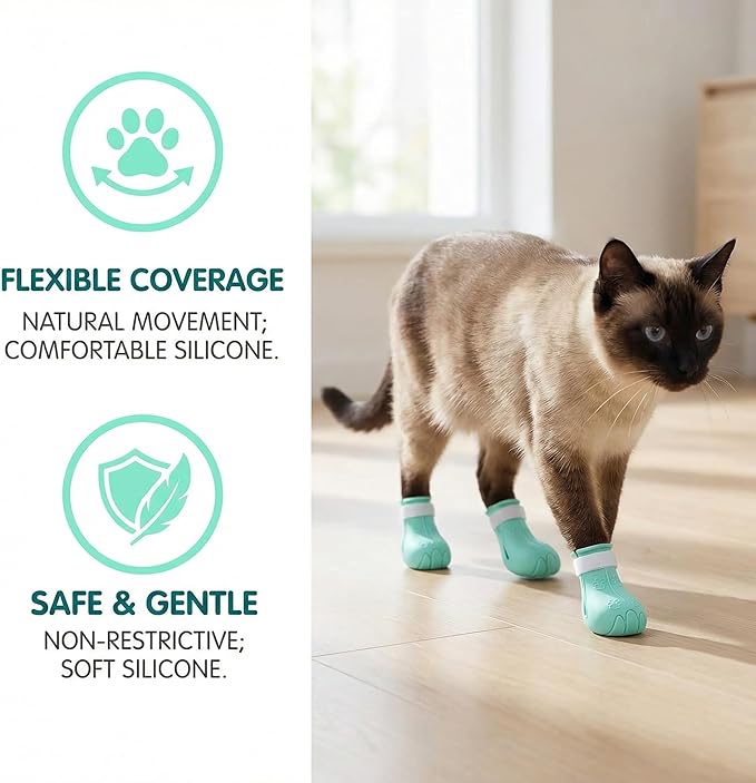 4 Pcs Cat Paw Covers Silicone, Anti Scratch Cat Paw Protector Boots, Adjustable Cat Shoes for Bath, Grooming and Nail Clipping, Soft Pet Claw Protectors with Storage Case, Green