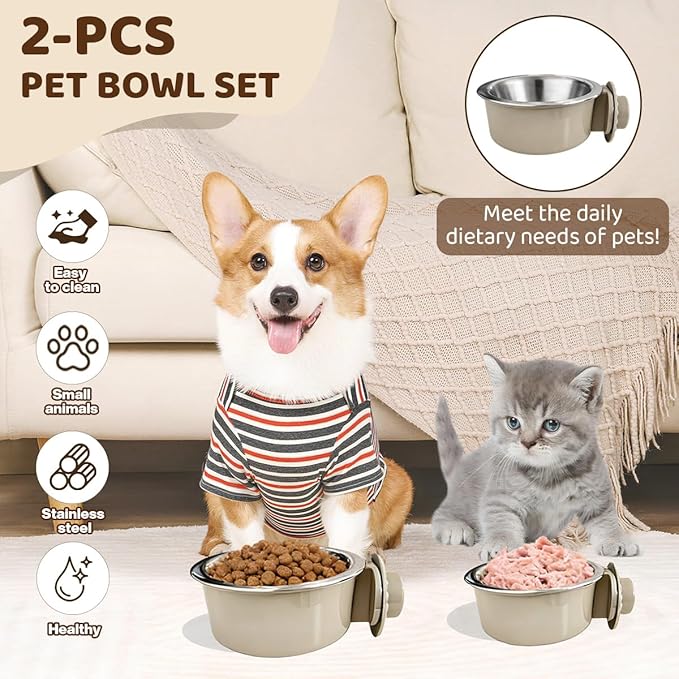 2Pcs Pets Lightweight Stainless Steel Bowl,Removable Stainless Steel Pet Hanging Food Water Feeder Bowl for Puppy Dog Cat Rabbit Ferret Bird Gunea Pigs (Large)