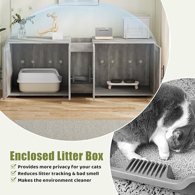 Cat Litter Box Enclosure for 2 Cats,55" Large Hidden Litter Box Furniture with Barn Door & Double Rooms,Modern Indoor Pet House TV Stand Side Table,Cats Washroom,for Bedroom Living Room,Grey