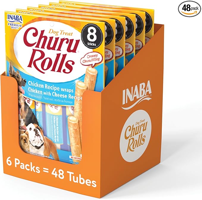INABA Churu Rolls for Dogs, Soft & Chewy Baked Chicken Wrapped Filled Dog Treats, 0.42 Ounces Each Tube, 48 Tubes Total, Chicken with Cheese Recipe