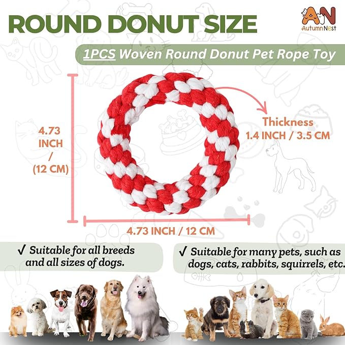 Woven Round Donut Pet Rope Toys, 4.8-inch Red Durable Cotton Pet Chew Toys for Dogs & Cats, Heavy Duty, Safe & Non-Toxic, Chew Toys for Pets, Teething Relief & Interactive Play