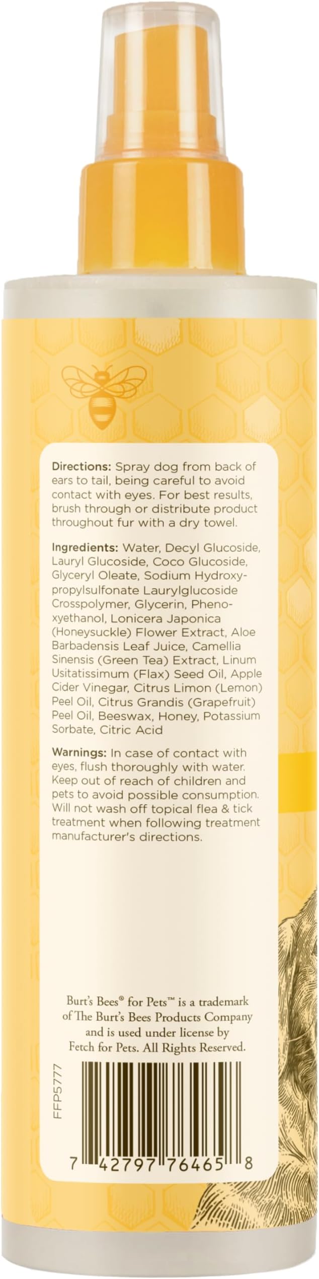 Burt's Bees for Pets Dog Detangling Spray, Natural Leave-in Coat Detangler & Dog Deodorizing Grooming Spray with Lemon, pH Balanced for Dogs, Paraben & Sulfate Free, 10 Fl Oz