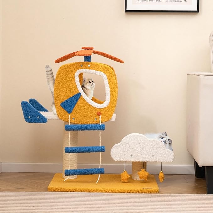 PETSITE 30-inch Aviation-Themed Cat Tree for Indoor Cats, Small Cute Cat Tree with Sisal Scratching Posts, Helicopter Top Perch, Climbing Ladder, and 3 Star-Shaped Hanging Toys
