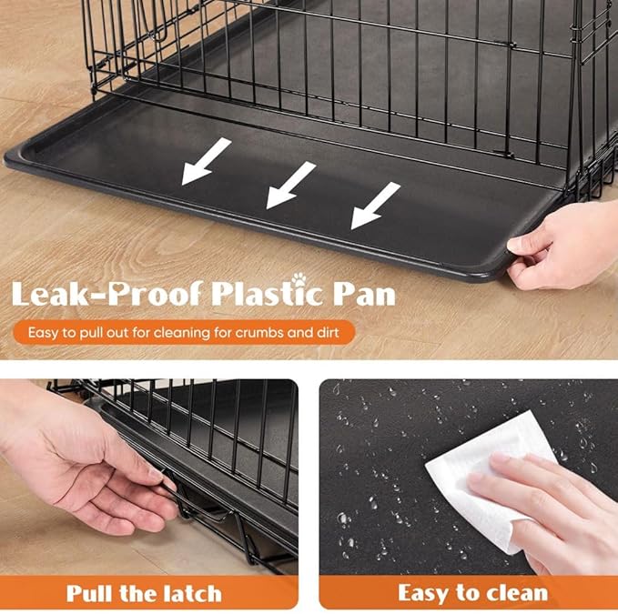 Dog Crate Kennel, 36 Inch Metal Pet Cage Double Door W/Divider Panel, Folding Travel Indoor Outdoor Dog Kennel Leak-Proof Plastic Tray Wire Animal Cage