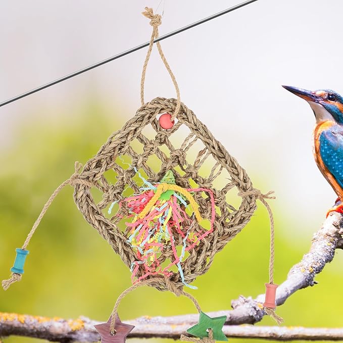 LIOOBO Woven Seagrass Bird Hanging Hammock for Parakeets Cockatiels Conures Chewing Foraging Plaything Cage Accessory Safe Wear-Resistant Material