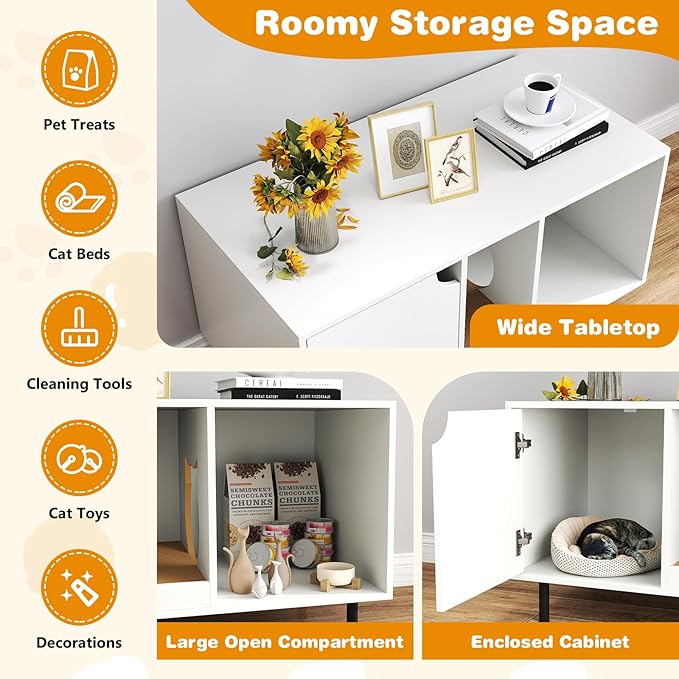 PETSITE Cat Little Box Enclosure, Litter Box Furniture with Removable Scratcher, Metal Legs, Cat Box Enclosure End Side Table, Hidden Litter Box Furniture, 40 x 21 x 22 inches (White)