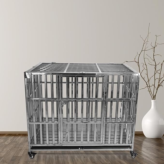 Confote 47 Inch Heavy Duty Dog Crate Metal Cage Kennel, High Anxiety Pet Cage with Lockable Wheels & Double Doors for Small Medium Large Dogs