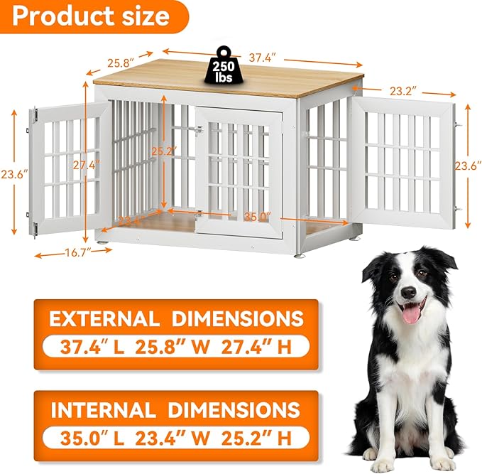 Snuowu 38" Heavy-Duty Dog Crate Furniture for Large/Medium Dogs, Rustic Wooden Dog Cage Kennel Indoor Furniture, Decorative Pet House End Table, White & Wood
