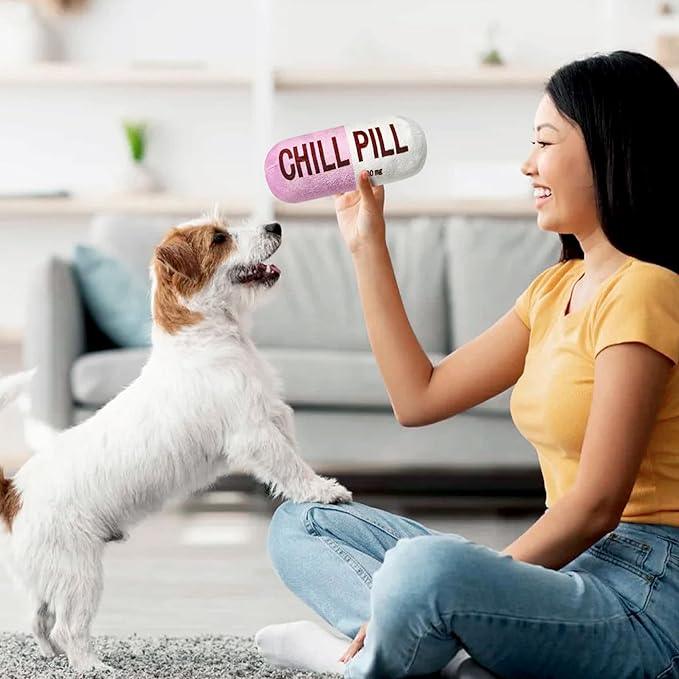 CUweipeng Funny Dog Squeaky Toy - Pink Chill Pill Capsule Shaped Teething Squeak Plush Pet Toy Bite Kick Indoor Interactive Training Play Supply for Small Dog Cat Present Pet Lover Gift Photo Props