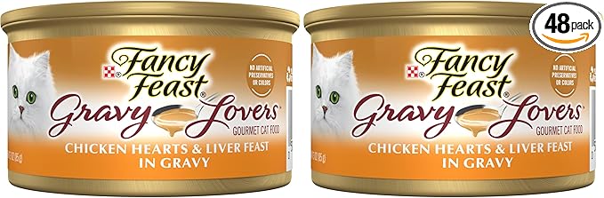 Fancy Feast Purina Gravy Lovers Chicken Hearts and Liver Feast Grilled Gourmet Cat Food in Wet Cat Food Gravy - 3 oz. Cans,(Pack of 48)