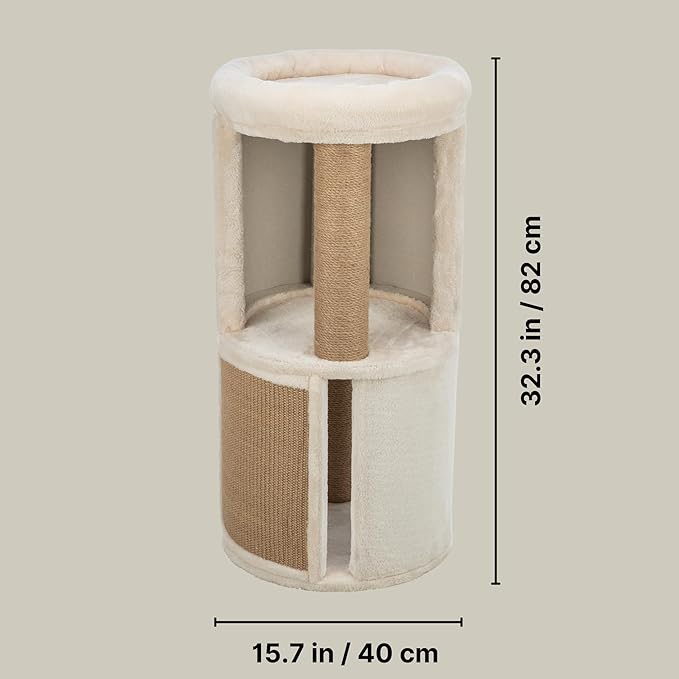 Trixie Giorgia Cat Tower, Combo Plush & Jute Covered Surfaces, Scratching Posts, Indoor Cat Condo with Padded Bed, Beige, 15.7" x 15.7" x 32.3"