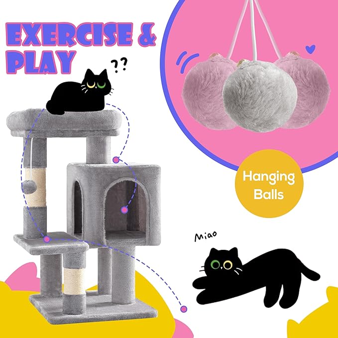 SHA CERLIN 29in Cat Tree for Indoor Cats, Multi-Level Cat Tower with Large Perch, Cozy Condo, Playful Toy Balls, Sisal Scratching Posts, Stable Pet Furniture Activity Center, Space-Saving, Light Grey