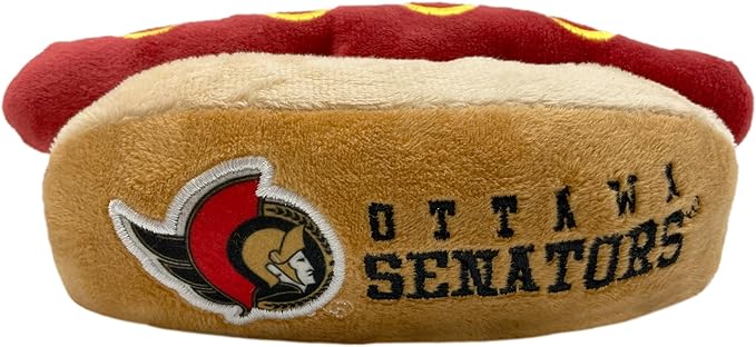 Pets First NHL Ottawa Senators Hot Dog Plush Dog & Cat Squeak Toy - Cutest HOT-DOG SNACK Plush Toy for Dogs & Cats with INNER SQUEAKER & Beautiful Hockey Team Name/Logo