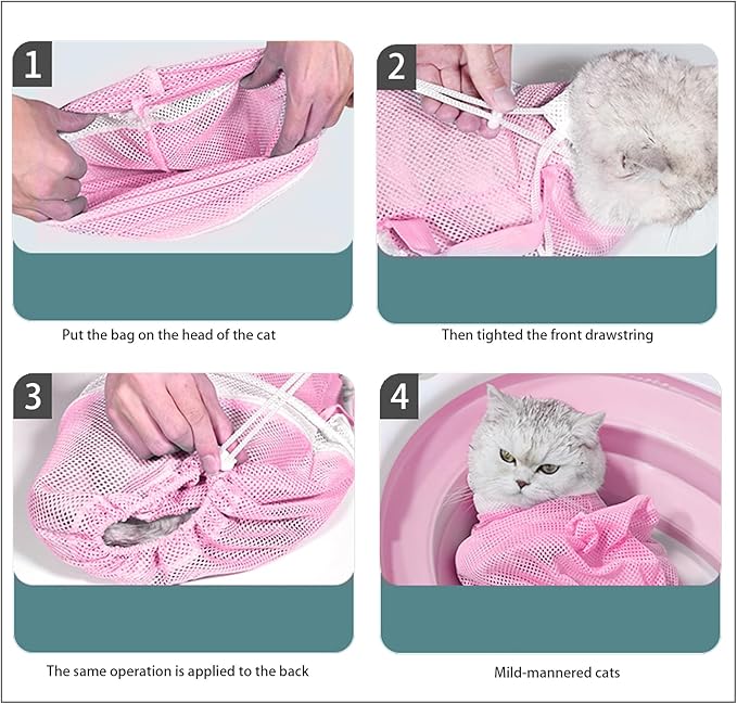 Adjustable Multifunctional Anti-Bite Shower Net, Cat Grooming Mesh Bag, Cat Bath Brush and Pet Finger Toothbrush (B-Pink)