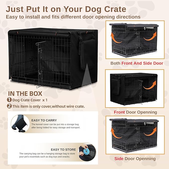 Dog Crate Cover for Anxiety,Water-Resistant,Windproof & Sun Resistant 600D Oxford Kennel Cover with Storage Bag,Calming Indoor Outdoor Pet Crate Cover for 42 Inch Wire Crates,Machine Washable,Black