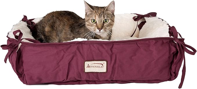 Armarkat 2-in-1 Cat Pet Bed & Fleece Cat Mat, Burgundy/Ivory, 16" L x 16" W x 6" H (C06HJH/MB)