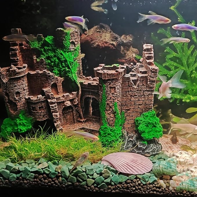Mipukbay Green Aquarium Decor Castle, Resin Fish Tank Decoration Ornament for Freshwater/Saltwater, Safe Landscape Rock Cave Hideout for Betta Fish, Goldfish and Aquatic Pets