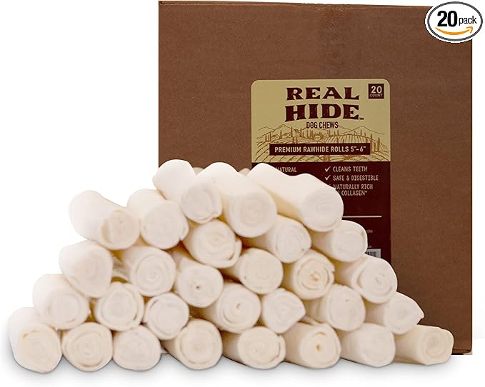 Real Hide | All Natural Dog Chew Treats - Premium Rawhide Rolls, 9-10 Inch - Long Lasting Grass Fed Free Range Beef Hide - Medium/Large Dogs - 20 Count