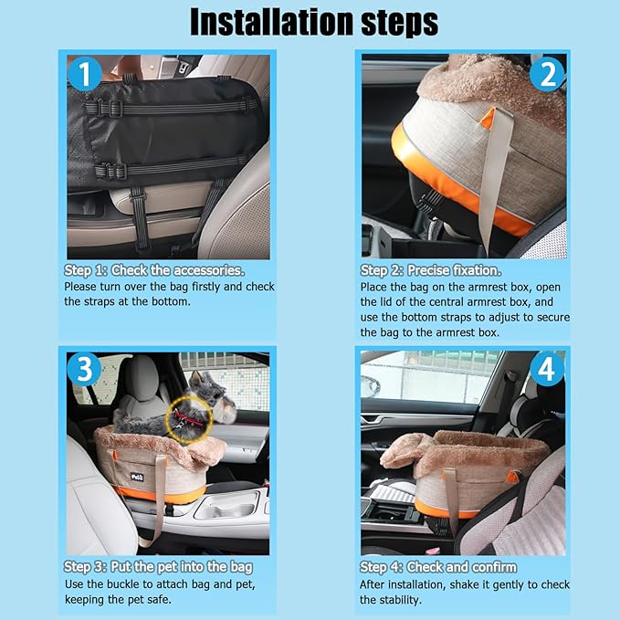 Pet Car Center Console Elevated Armrest Car Seat for Small Puppy, Dogs & Cats (Up to 10 lbs) – Dark Gray Washable Plush Carrier with Safety Leash, Fits Front Vehicle Console Space (Khaki)