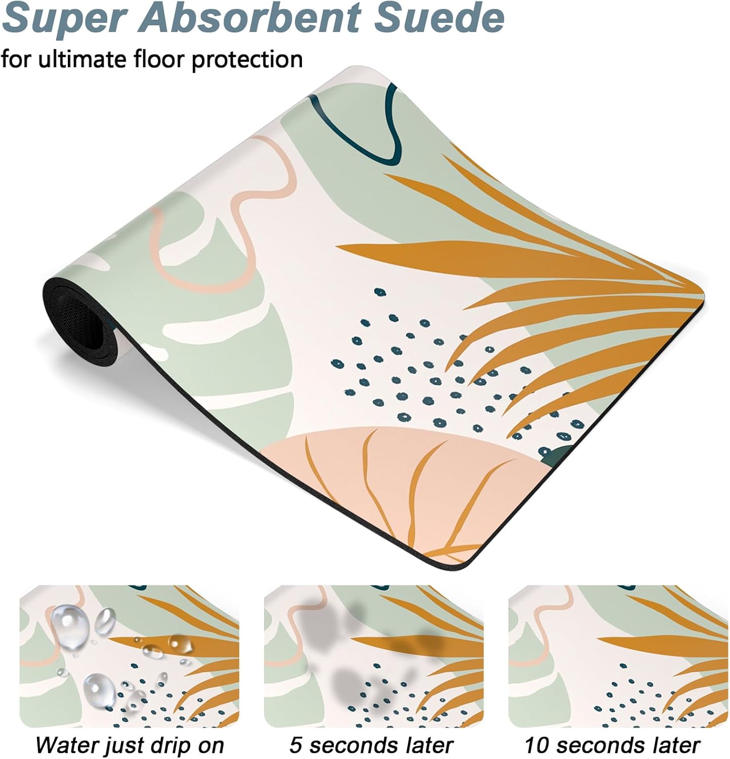 Rnivvi Dog Food Mat, 12" x 19" Boho Absorbent Dog Cat Bowl Mat for Food and Water, Cute Anti-Slip Rubber Pet Feeding Rug Protect Floors, Puppy Placemat for Feeding & Watering Supplies, Tropical Leaves