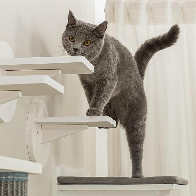 Trixie Cat Wall Furniture Set 6-7pc Cat Climbing Wall Set - Sisal Rope Scratching Posts, Elevated Bed, Corner Shelf, Steps - Gray/White
